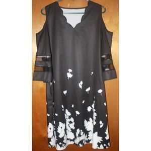 Silky Black Floral Dress Cold Shoulder 3/4 Peek-A-Boo Sleeves Coctail Party NWOT